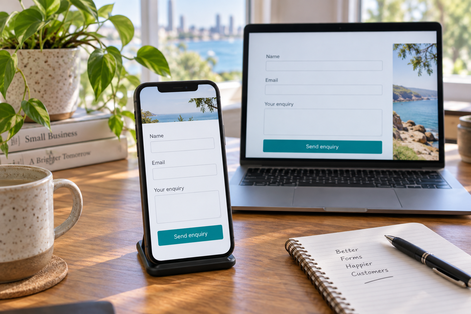 Website Enquiry Forms That Work Better for Toowoomba Businesses 1 A smartphone and laptop display a simple website enquiry form on a bright timber office desk